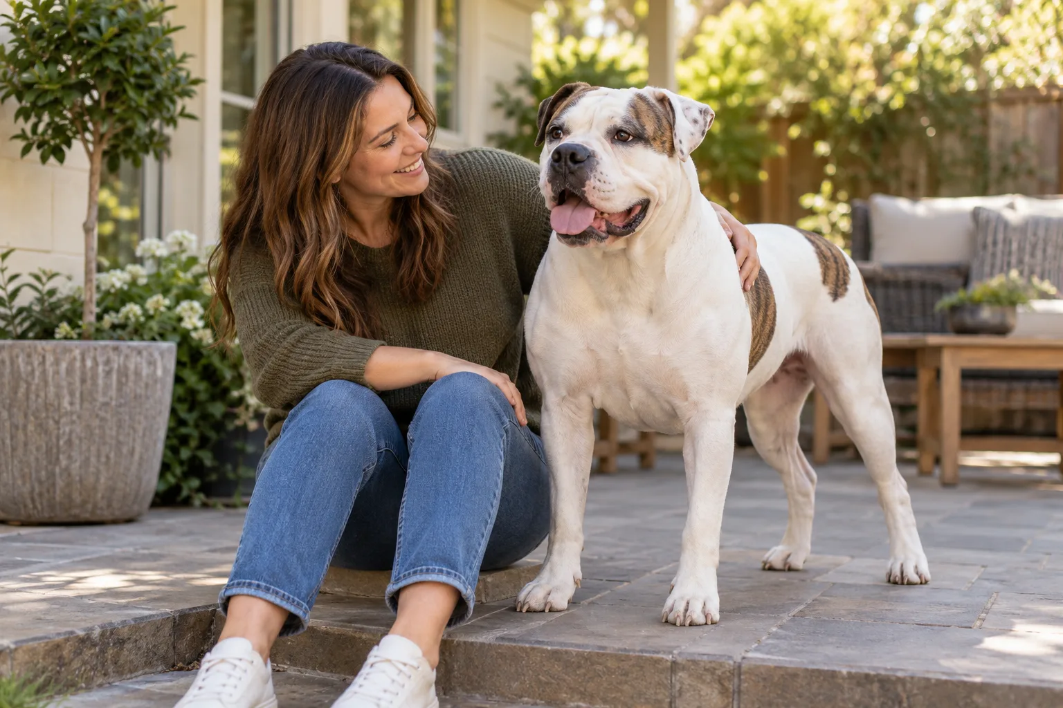 American Bulldog standing beside its owner on a sunlit patio